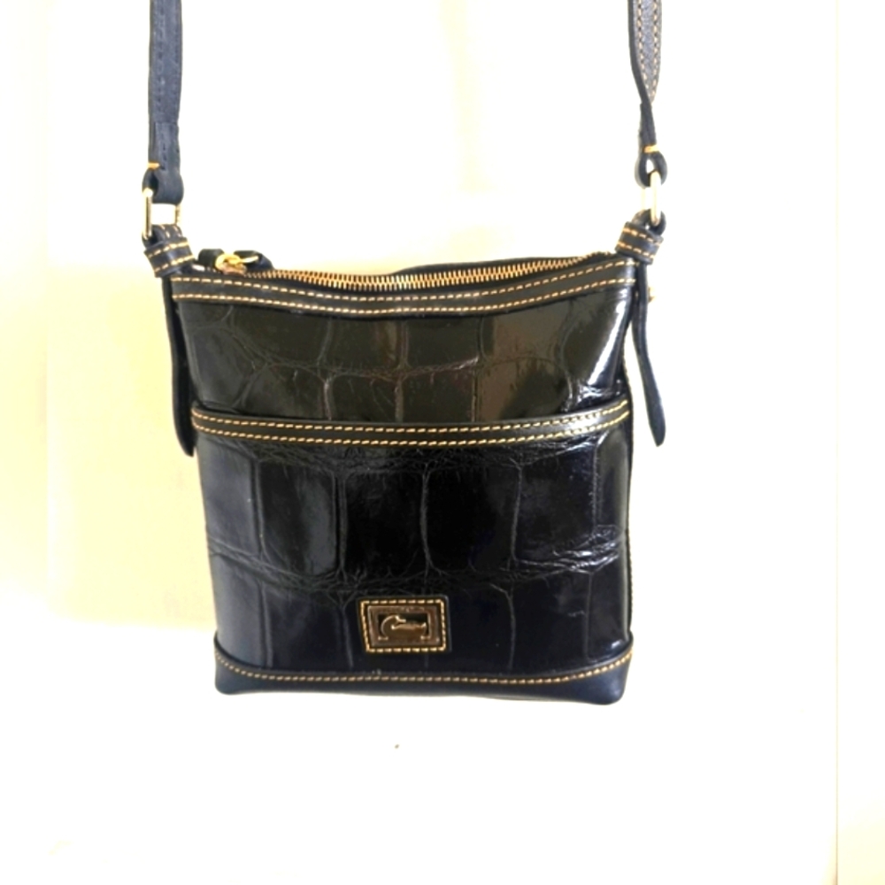 Dooney & Bourke Vintage Black Croc Textured Leather Mini Bag W Gold Hardware